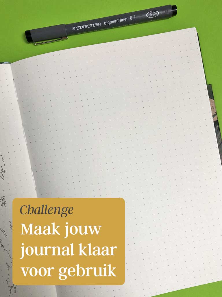 Open liggend dotted notitieboek met Staedtler fineliner en tekst 'challenge maak jouw journal klaar voor gebruik'