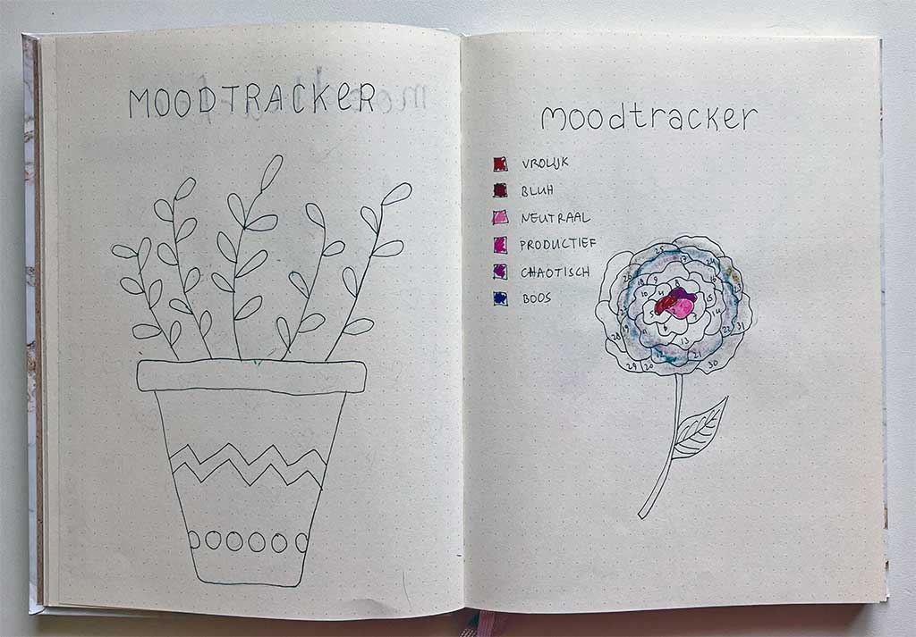 Maandelijkse mood tracker ideeën: plant en roos om in te kleuren