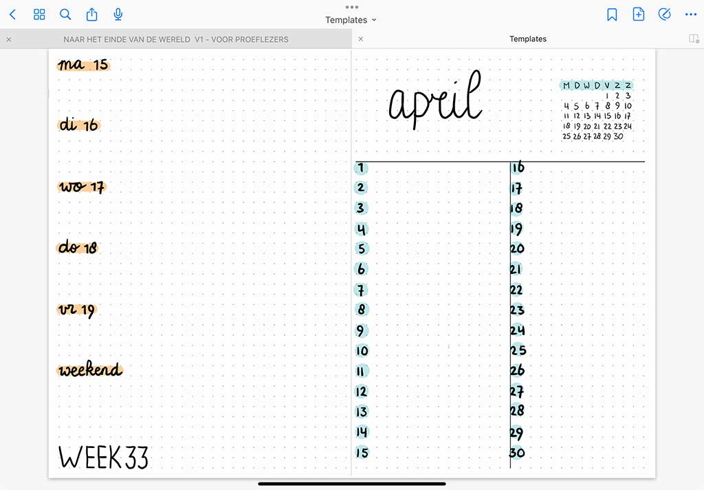 Voorbeeld van weekoverzicht en maandoverzicht in GoodNotes